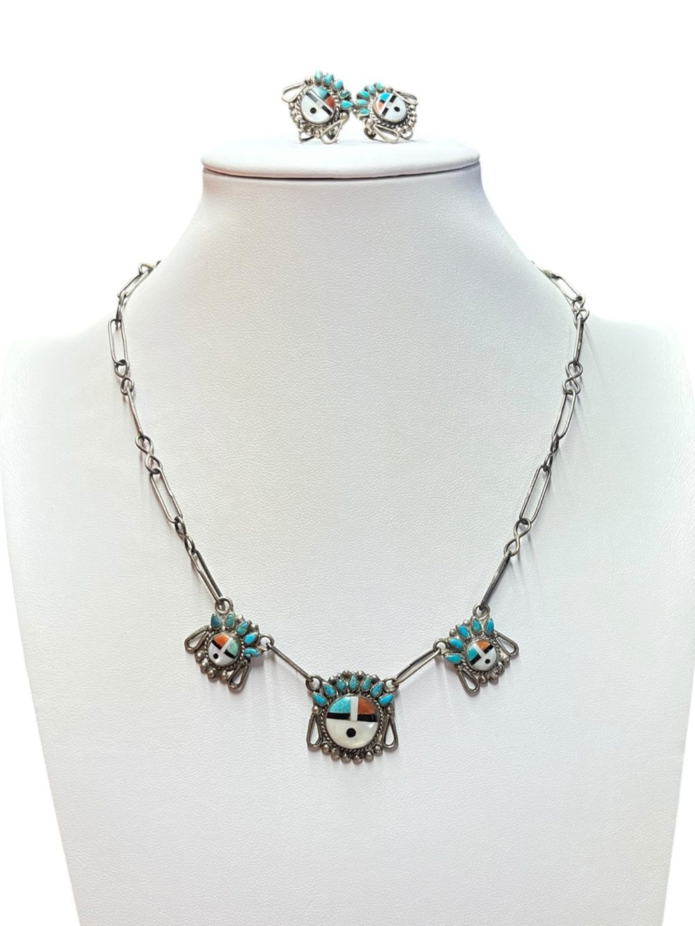 Vintage Estate Zuni Inlay Sunface Necklace Chain and Earrings Turquoise NL